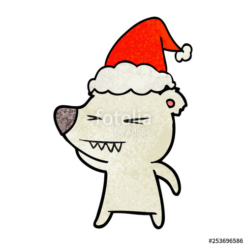 500x500 Angry Polar Bear Textured Cartoon Of A Wearing Santa Hat Stock