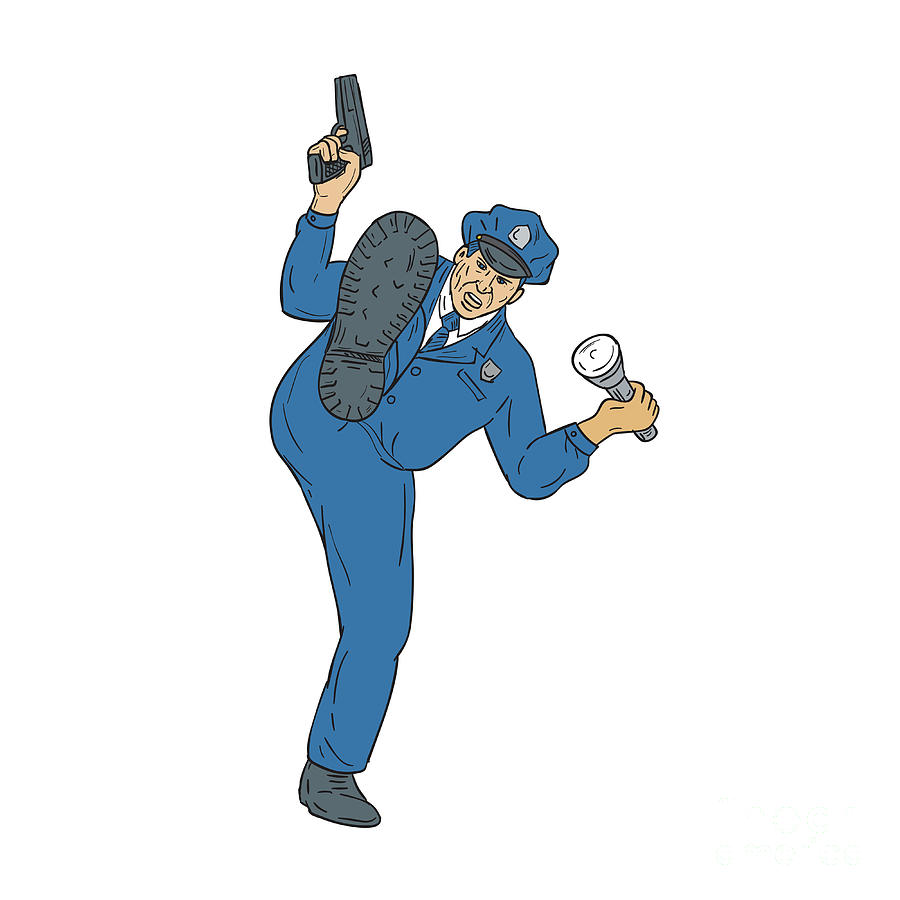 900x900 Policeman Gun Flashlight Torch Kicking Drawing Digital Art