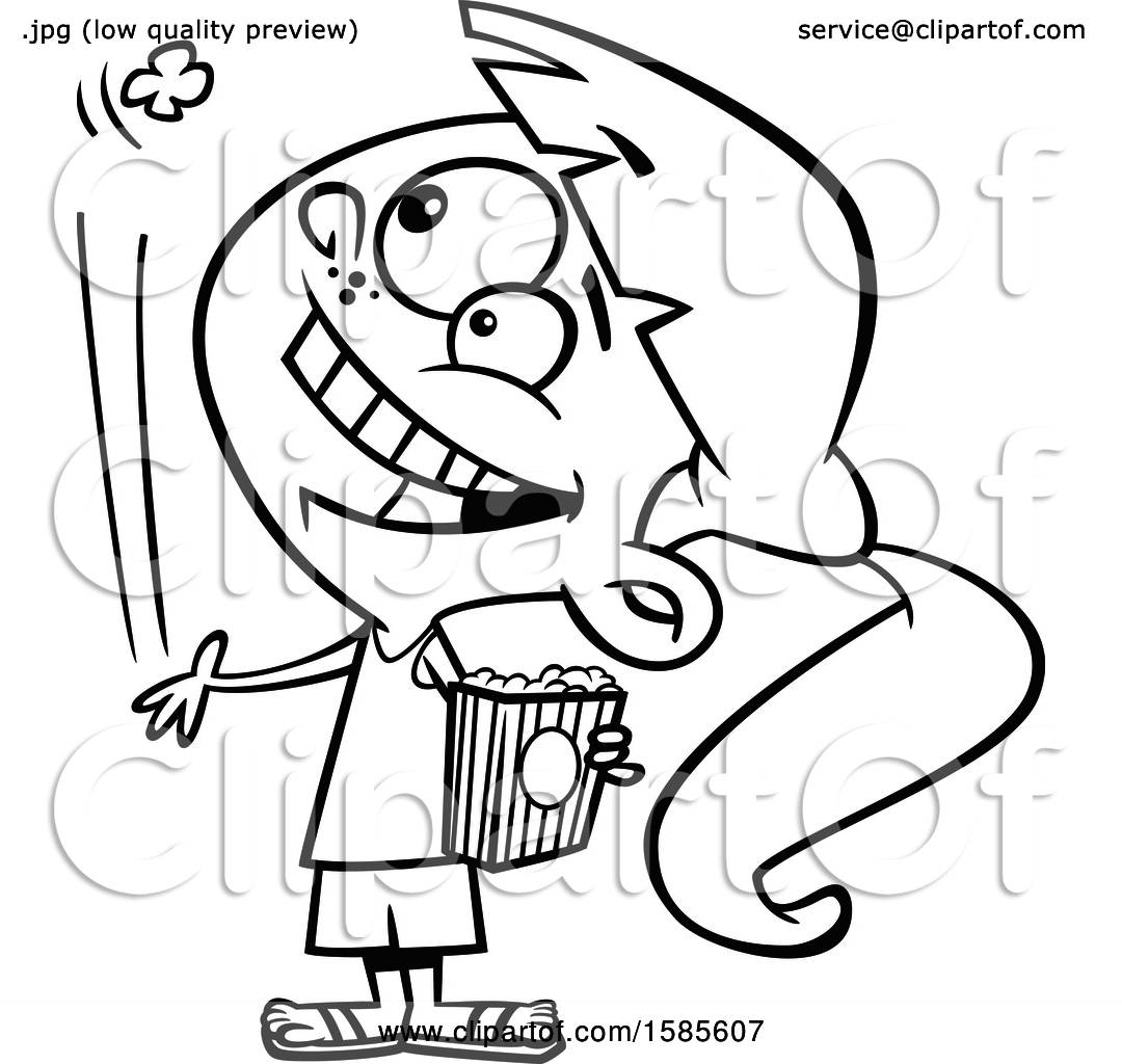 1080x1024 Clipart Of A Cartoon Line Art Girl Tossing A Piece Of Popcorn Into