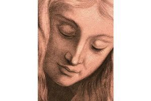 300x200 C Head Portrait Young Lady Flowing Hair, Realist Drawing