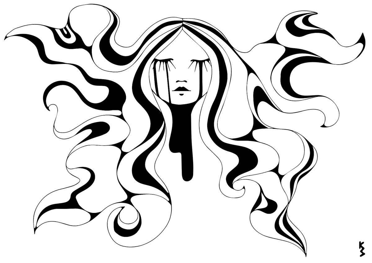 1200x851 Postcard Art Print Drawing Face Girl Hippie Hair Tears Cry Etsy