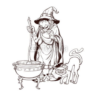 400x400 Old Witch In A Cone Hat With Her Black Cat Brewing A Magic Potion