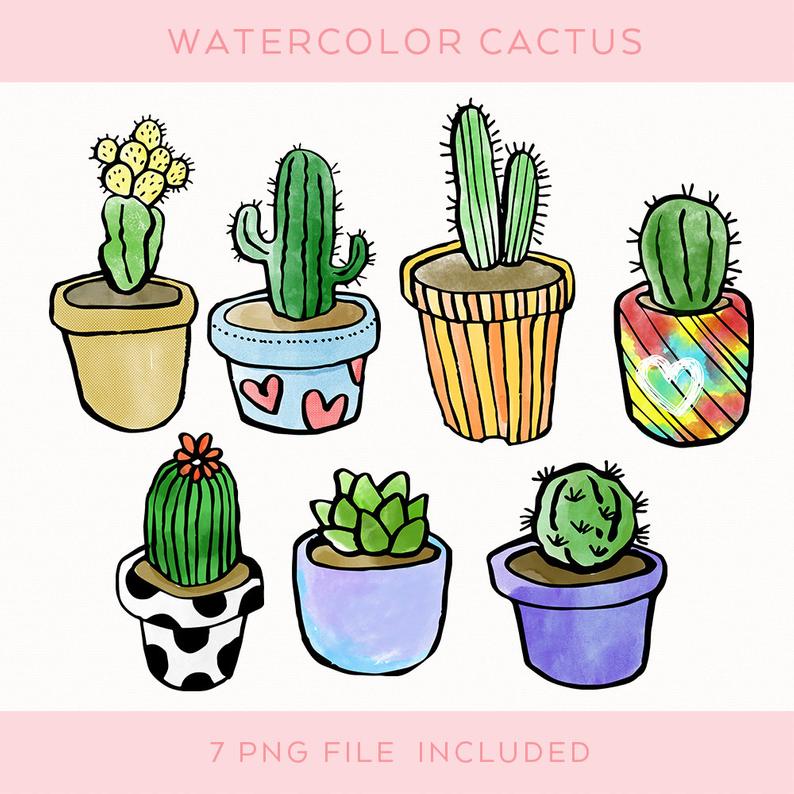 794x794 Potted Cactus Watercolor Plants Pots Clip Art Digital Etsy