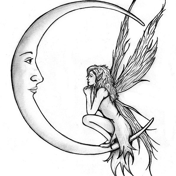 596x596 Cute Grey Ink Fairy On Half Moon Tattoo Design