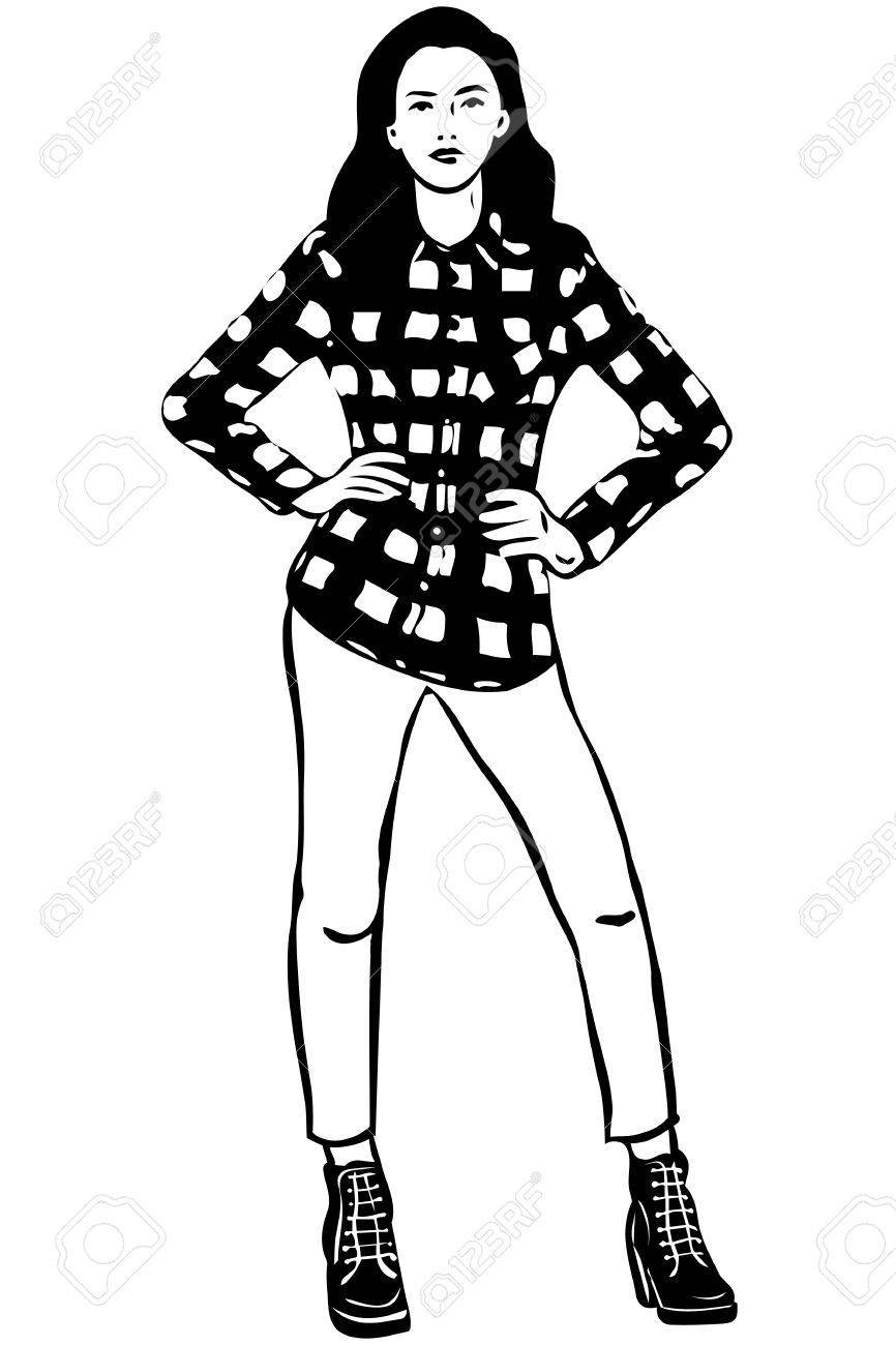 866x1300 Sketch Slim Pretty Girl In A Plaid Shirt Clipart Portal