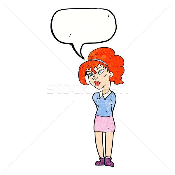 600x600 Cartoon Pretty Girl Tilting Head With Speech Bubble Vector