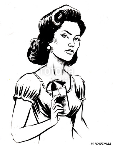 384x500 Pretty Woman With A Cocktail In Her Hand Black And White Ink