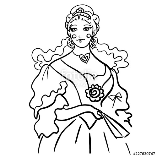 500x500 Black Contour Woman Sketch In Antique Ball Gown Dress Queen