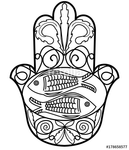 430x500 Hamsa, Miriam Hand Symbol With Floral Ornament And Two Fishes