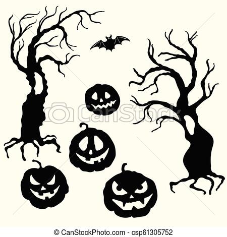 450x470 Halloween Pumpkin Lantern And Tree Stencil Template Vector