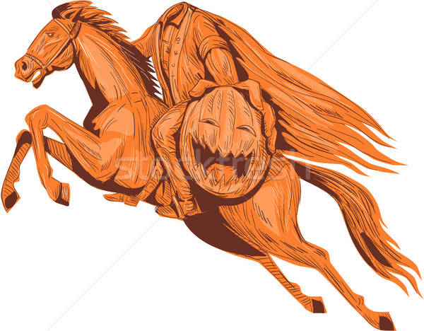 600x468 Headless Horseman Pumpkin Head Drawing Vector Illustration