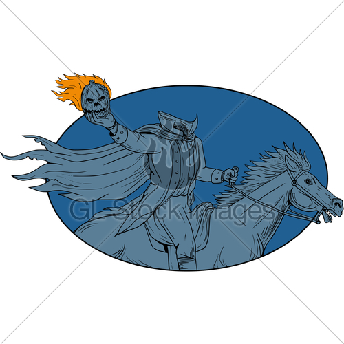 500x500 Headless Horseman Pumpkin Head Horse Oval Drawing Gl Stock Images
