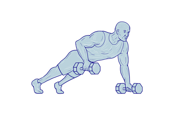 580x386 Fitness Athlete Push Up One Hand Dumbbell Drawing