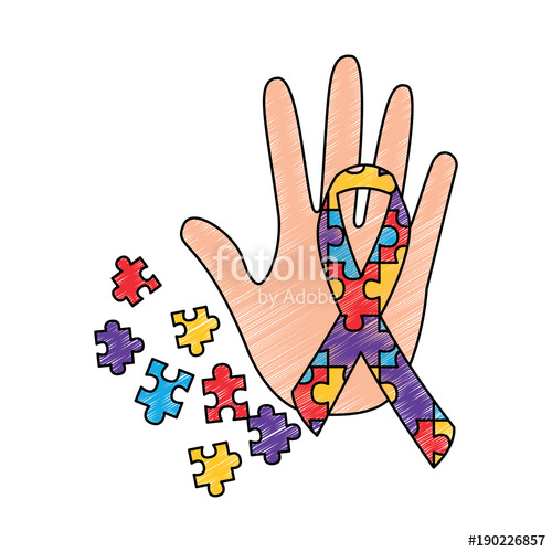 500x500 Hand Puzzle Pieces And Ribbon Autism Concept Vector Illustration