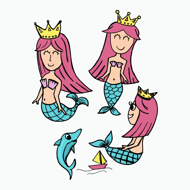 640x640 Cute Queen Mermaid Drawing Set Vector Illustration, Seamaiden
