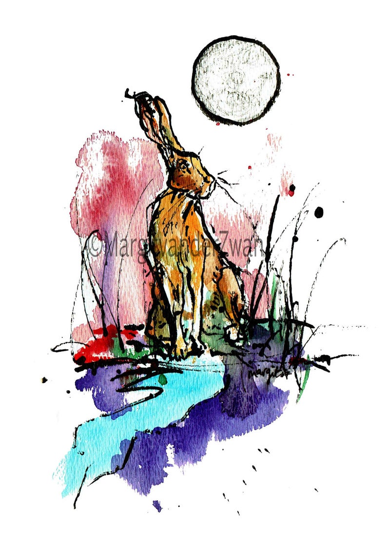 794x1134 Moon Hare Quill Ink Drawing And Watercolours Giclee Print Etsy