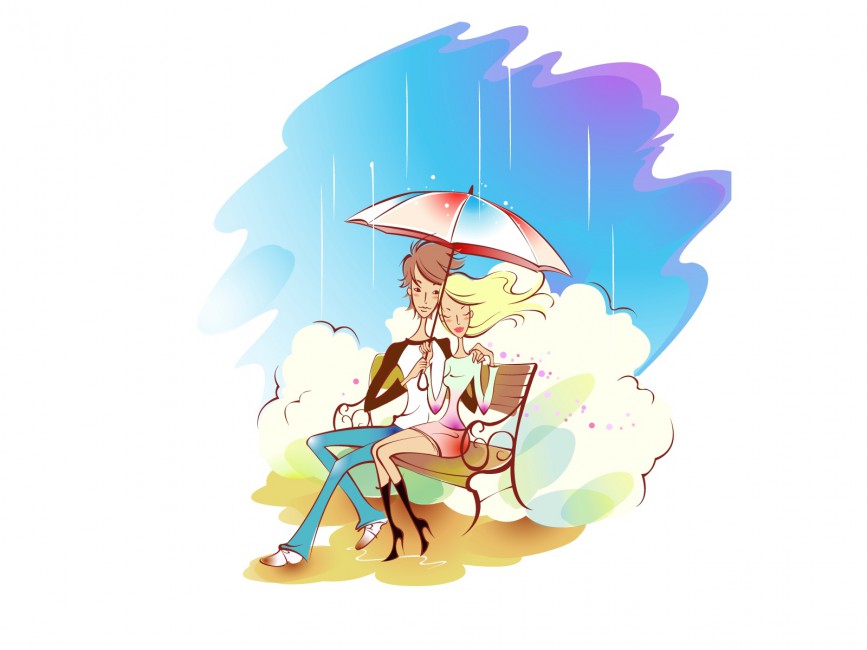 867x650 Couple Art Drawing Love Rain Umbrella Bench