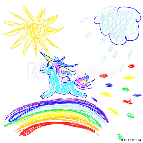 500x500 Kids Doodles Hand Drawing Unicorn Running On Rainbow