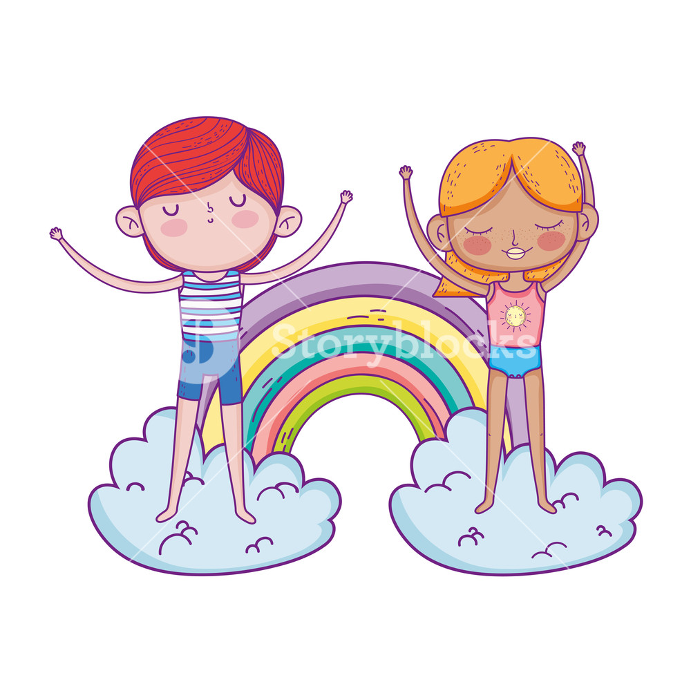 1000x1000 Little Kids Couple In The Clouds With Rainbow Vector Illustration