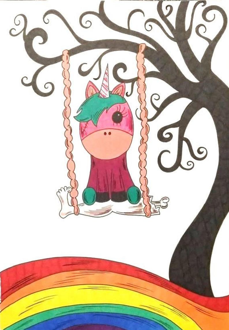 794x1144 Creepy Unicorn Drawing Cute Zombie Unicorn Inch Etsy