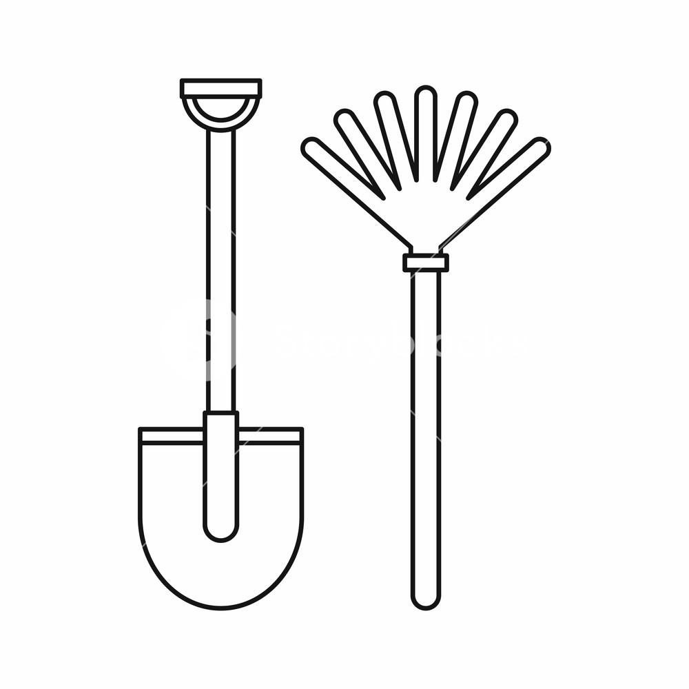 1000x1000 Rake And Shovel Icon In Outline Style Isolated Vector Illustration