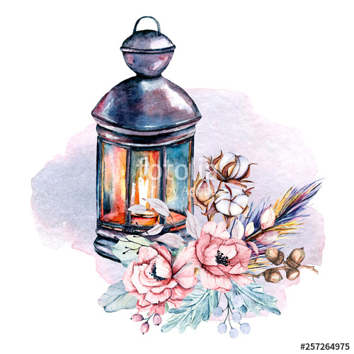 500x500 Ramadan Lantern, Candle, Candlestick, Watercolor Flowers, Leaf