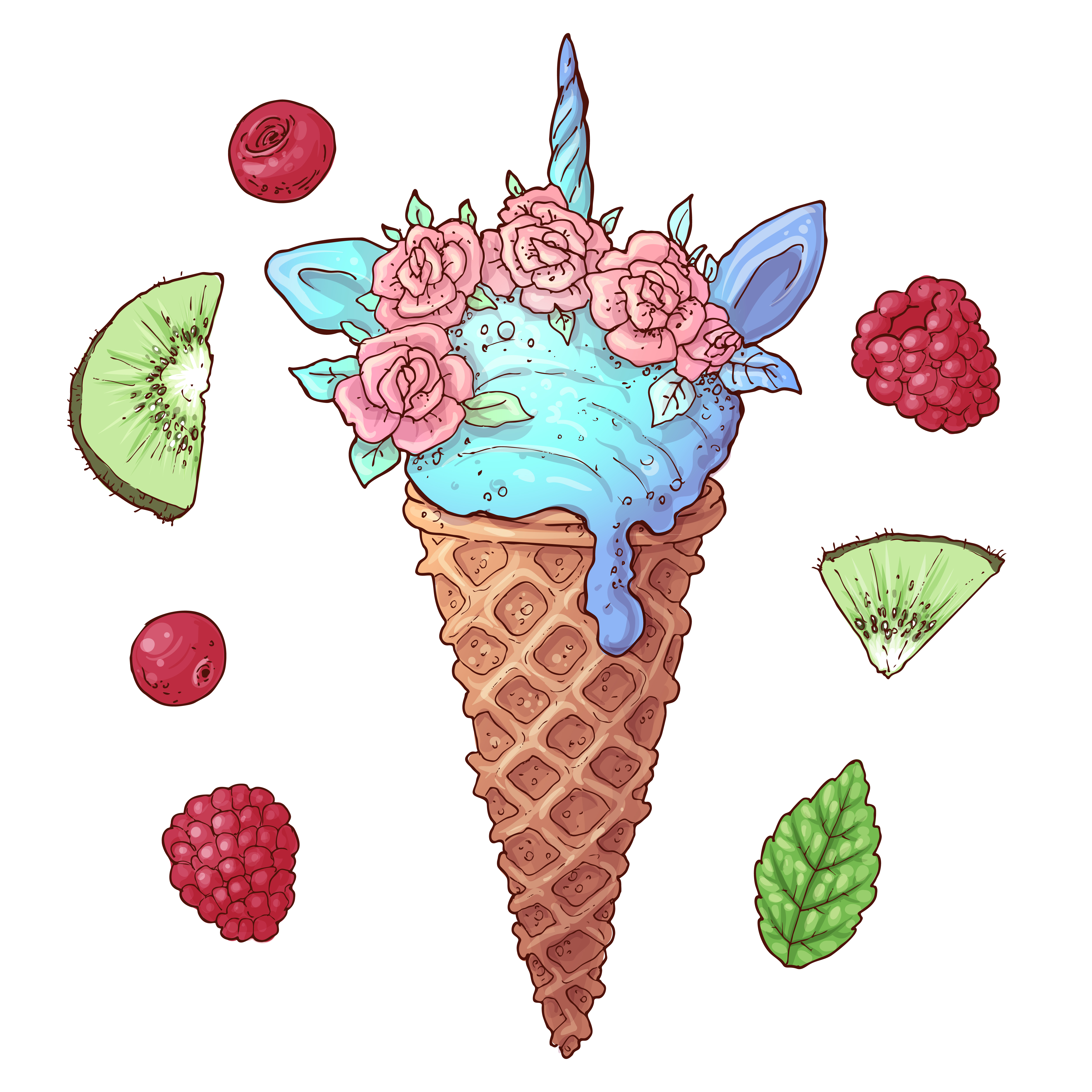 5001x5000 Set Ice Cream Unicorn Kiwi Raspberry Vector Illustration Hand