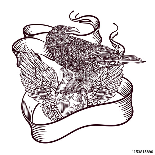 500x500 Line Art Illustration Of Angel Wings And Heart And Bird Raven