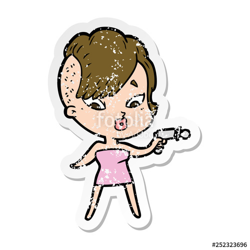 500x500 Distressed Sticker Of A Cartoon Surprised Girl With Ray Gun Stock