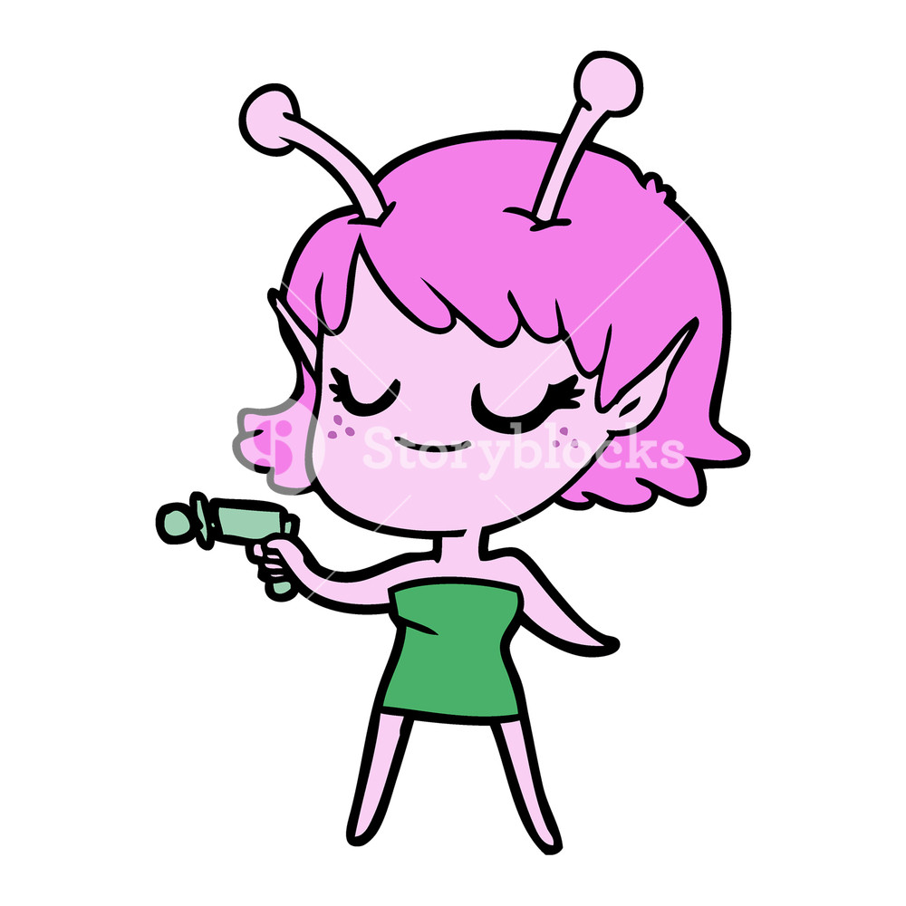 1000x1000 Smiling Alien Girl Cartoon Pointing Ray Gun Royalty Free Stock