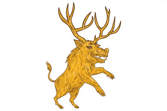 580x387 Wild Boar Razorback With Antlers Prancing Drawing