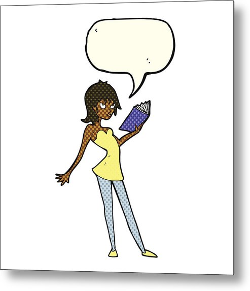 493x573 Cartoon Woman Reading Book With Speech Bubble Metal Print