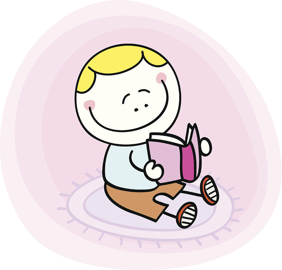 900x859 Happy Cute Litte Boy Kid Reading Book Cartoon Illustration