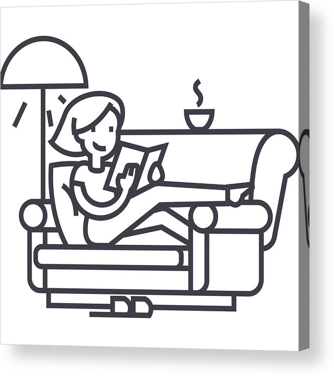 666x750 Woman At Home At Sofa Reading Book With Tea And Lamp Vector Line