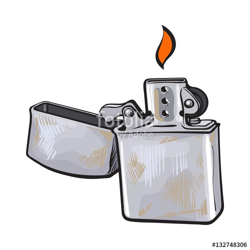 500x500 Silver Metal Windproof Lighter With Flame, Sketch Vector