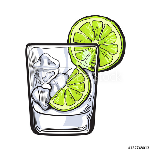 500x500 glass of gin, vodka, soda water with ice and lime, sketch style