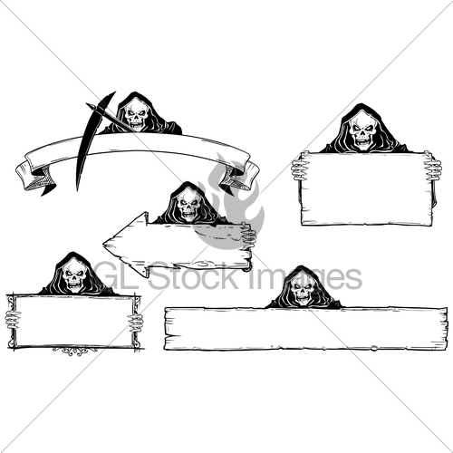500x500 Hand Drawing Set Of Halloween Frames With Grim Reaper Gl Stock