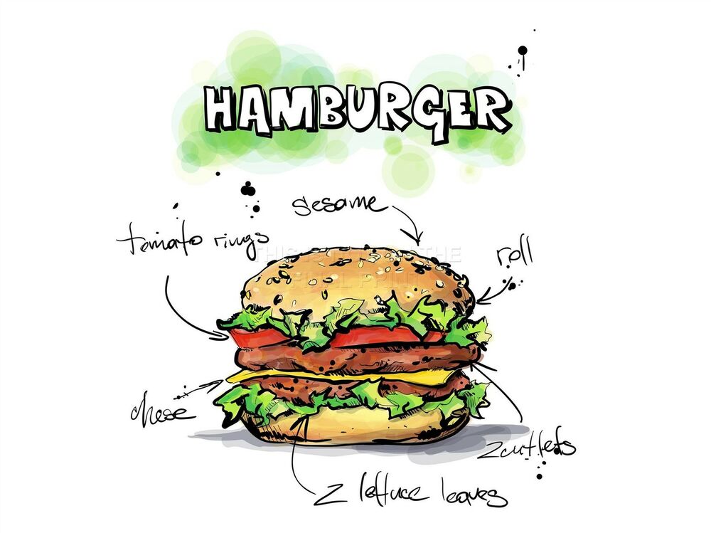 1000x749 Art Print Poster Painting Drawing Tasty Food Recipe Hamburger