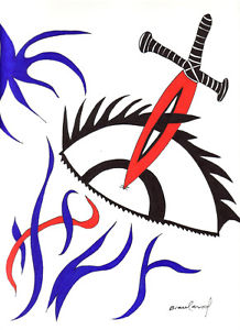 218x300 Original Art Signed Ink Drawing Red, Black, Blue Abstract