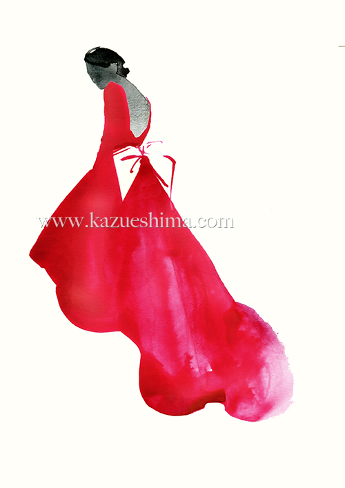 500x707 Fashion Illustration Red Long Dress Kazue Shima Fashion Illustrator