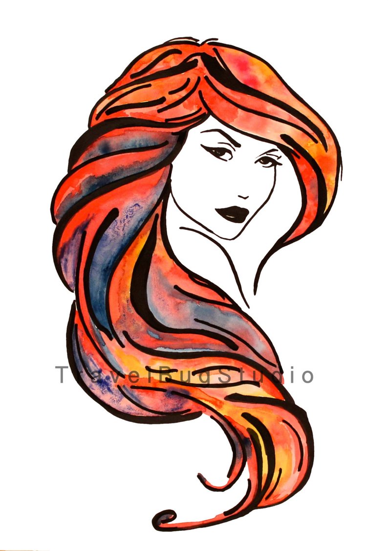 794x1126 Woman Outline Red Hair Watercolor Painting Print Instant Etsy