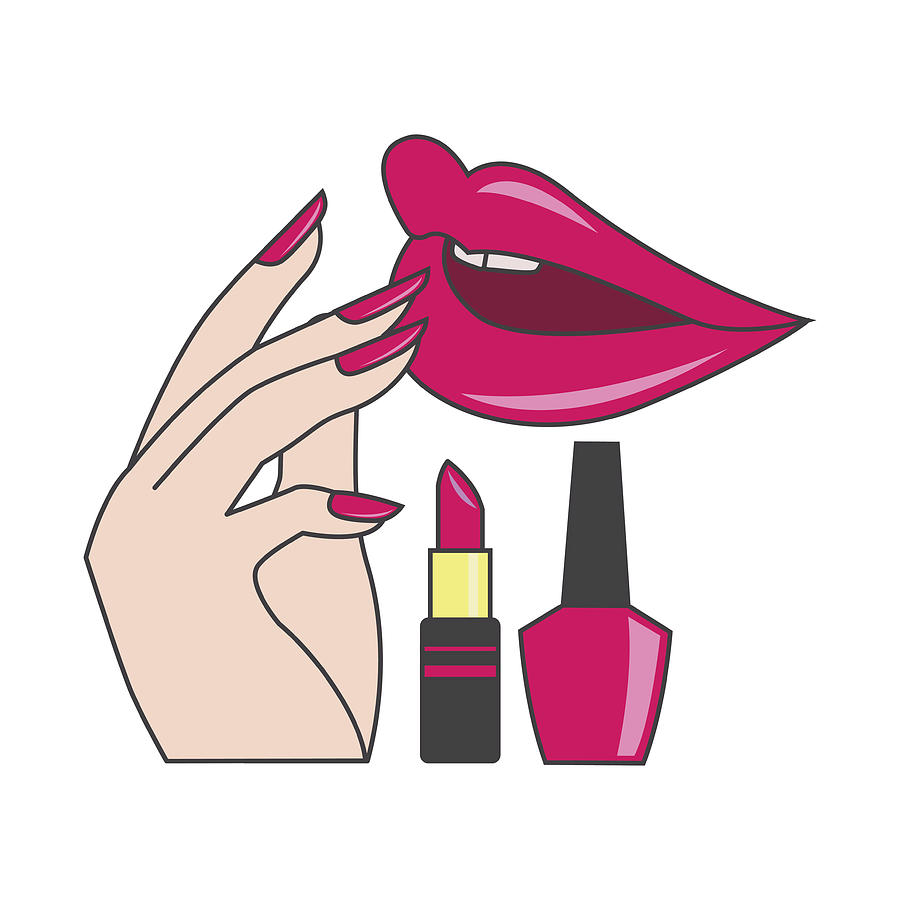 900x900 Red Lips And Manicure Nails Makeup And Cosmetics, Vector