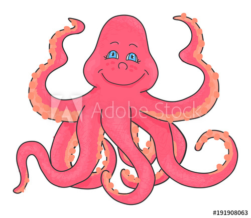 500x434 Cute Cartoon Smiling Octopus, Vector Hand Drawing Illustration