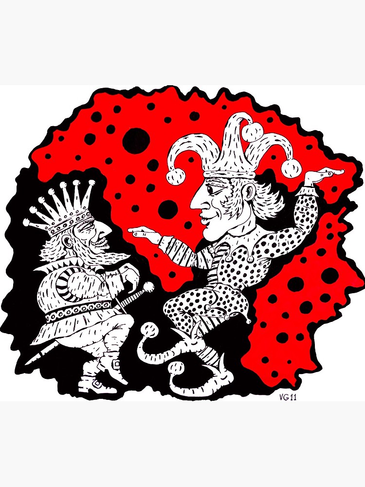 750x1000 King And Joker Surreal Black And White And Red Pen Ink Drawing