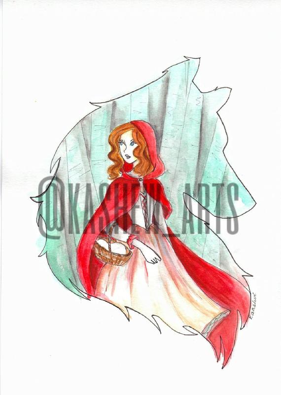 570x801 Little Red Riding Hood Handmade Wolf Watercolor Print Etsy