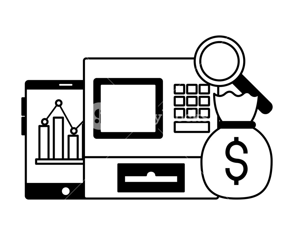 1000x800 Cash Register Mobile Money Bag Stock Market Vector Illustration