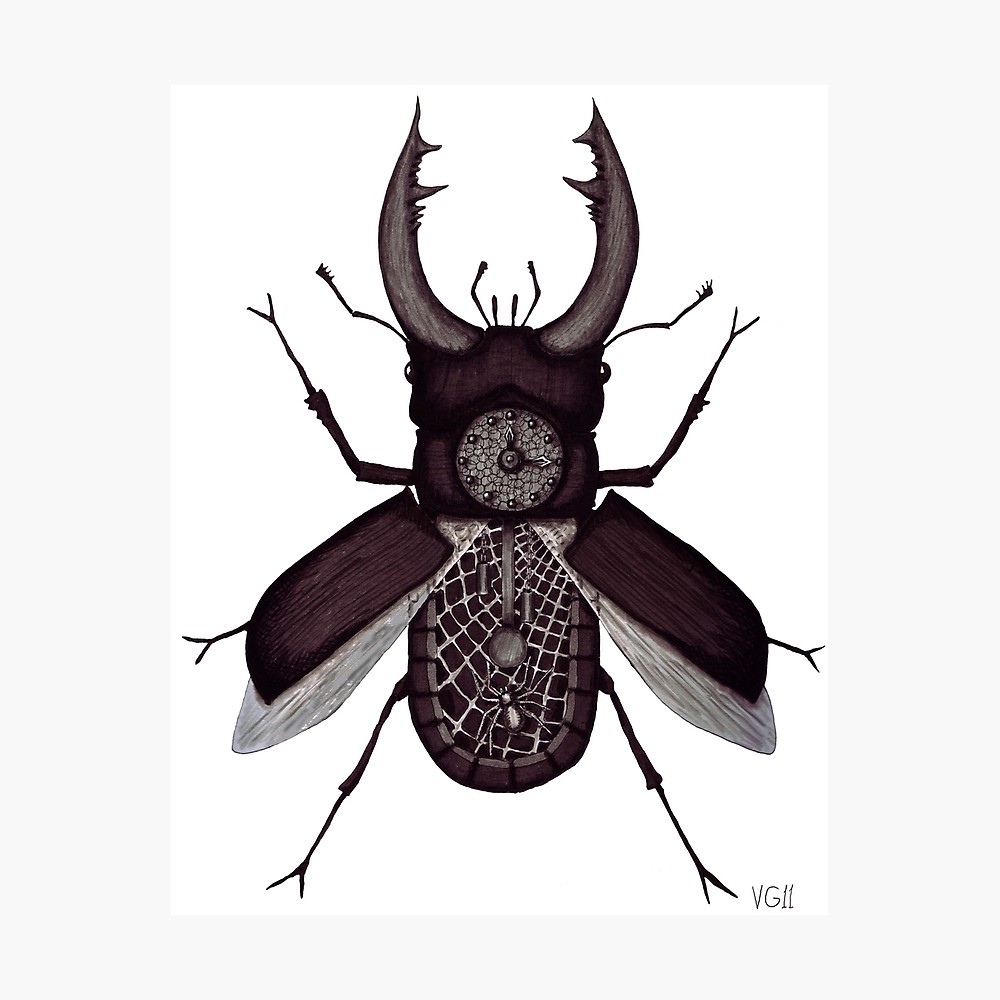 1000x1000 Stag Beetle Clock Surreal Black And White Pen Ink Drawing