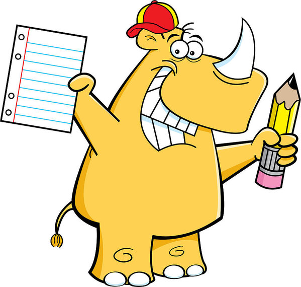 599x570 Cartoon Rhino Holding A Paper And A Pencil Art Print