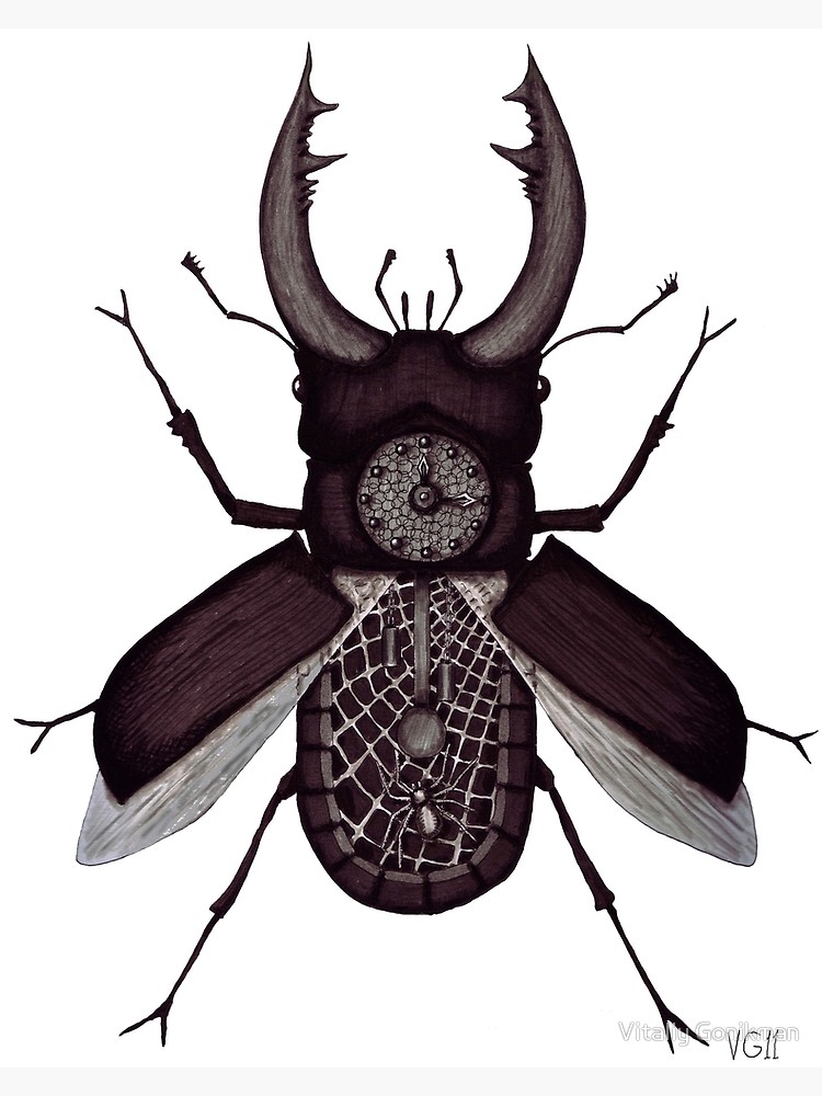 750x1000 Stag Beetle Clock Surreal Black And White Pen Ink Drawing Canvas