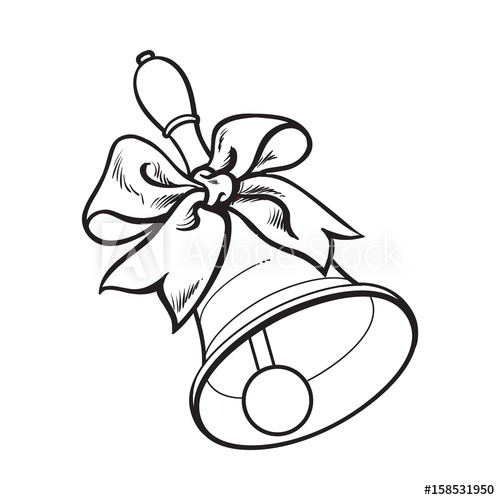 500x500 Traditional School Bell With Ribbon, Black And White Sketch Style